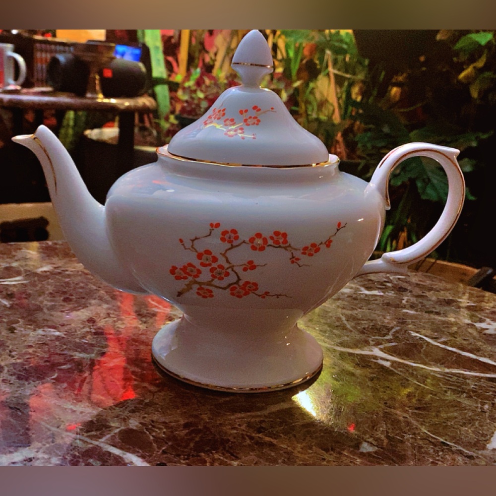 Crown Staffordshire England Art Deco Orange Lacquer blossom corset teapot & cups